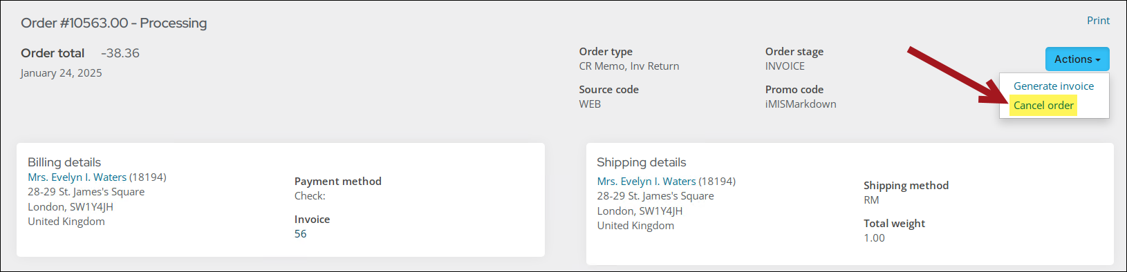 A highlight showing the Cancel order option under the Actions button.